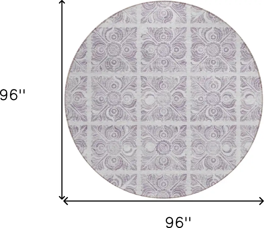8' Lavender And Silver Round Medallion Washable Indoor Outdoor Area Rug Photo 3