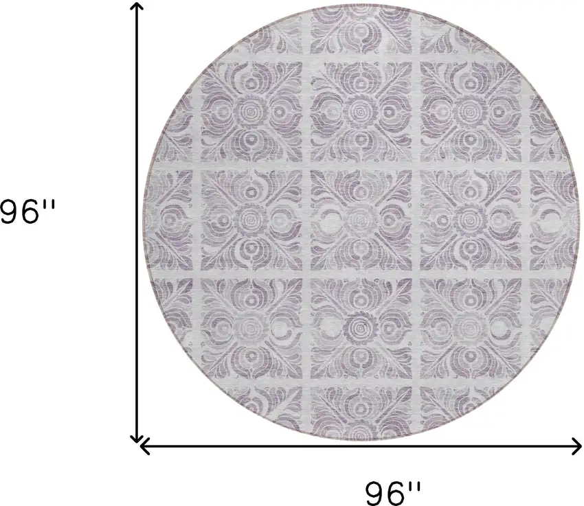 8' Lavender And Silver Round Medallion Washable Indoor Outdoor Area Rug Photo 3