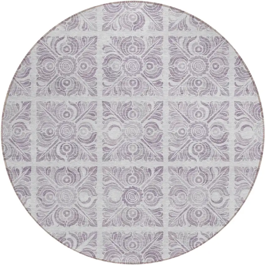 8' Lavender And Silver Round Medallion Washable Indoor Outdoor Area Rug Photo 2