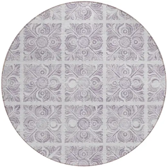 8' Lavender And Silver Round Medallion Washable Indoor Outdoor Area Rug Photo 2