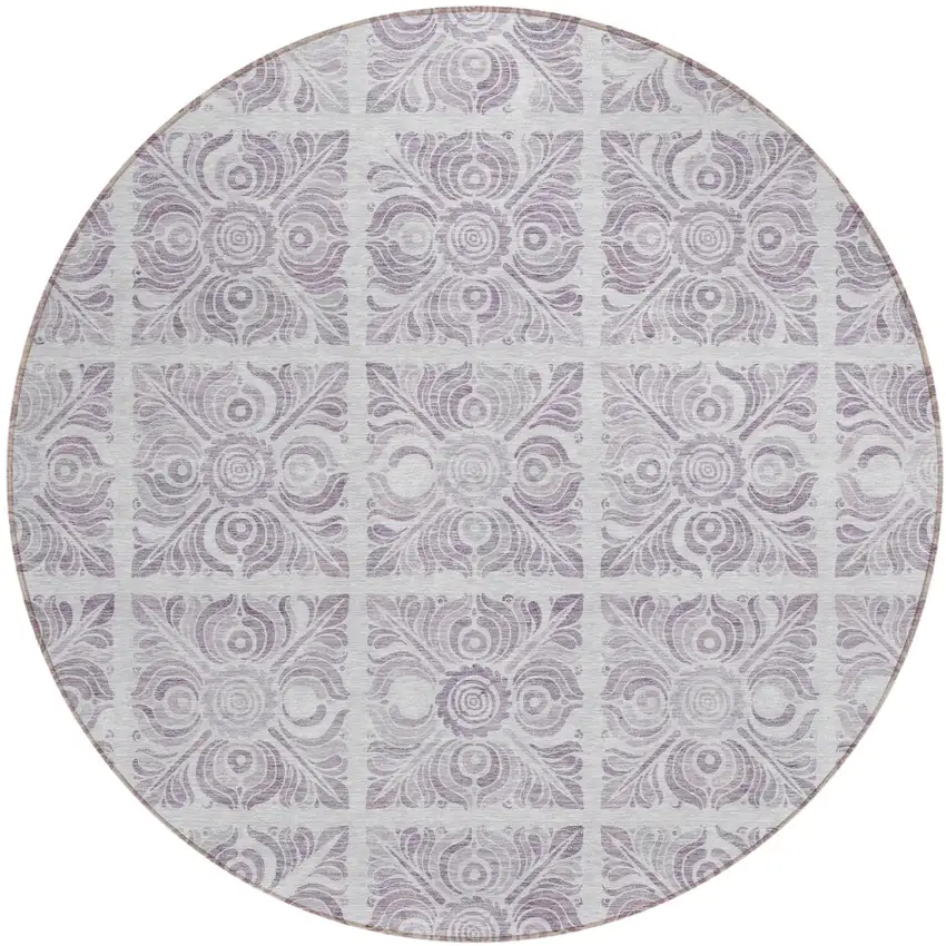 8' Lavender And Silver Round Medallion Washable Indoor Outdoor Area Rug Photo 2