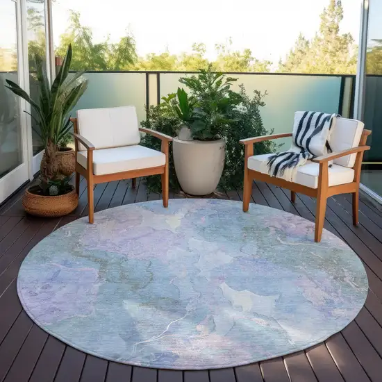 8' Lavender And Sky Blue Round Abstract Washable Indoor Outdoor Area Rug Photo 5