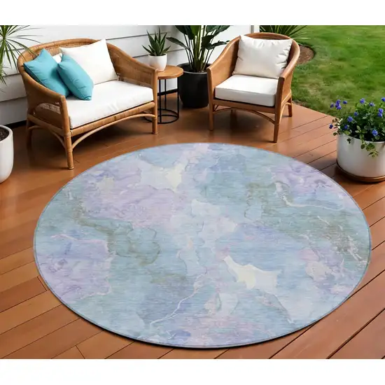 8' Lavender And Sky Blue Round Abstract Washable Indoor Outdoor Area Rug Photo 2