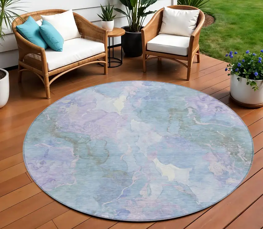 8' Lavender And Sky Blue Round Abstract Washable Indoor Outdoor Area Rug Photo 2