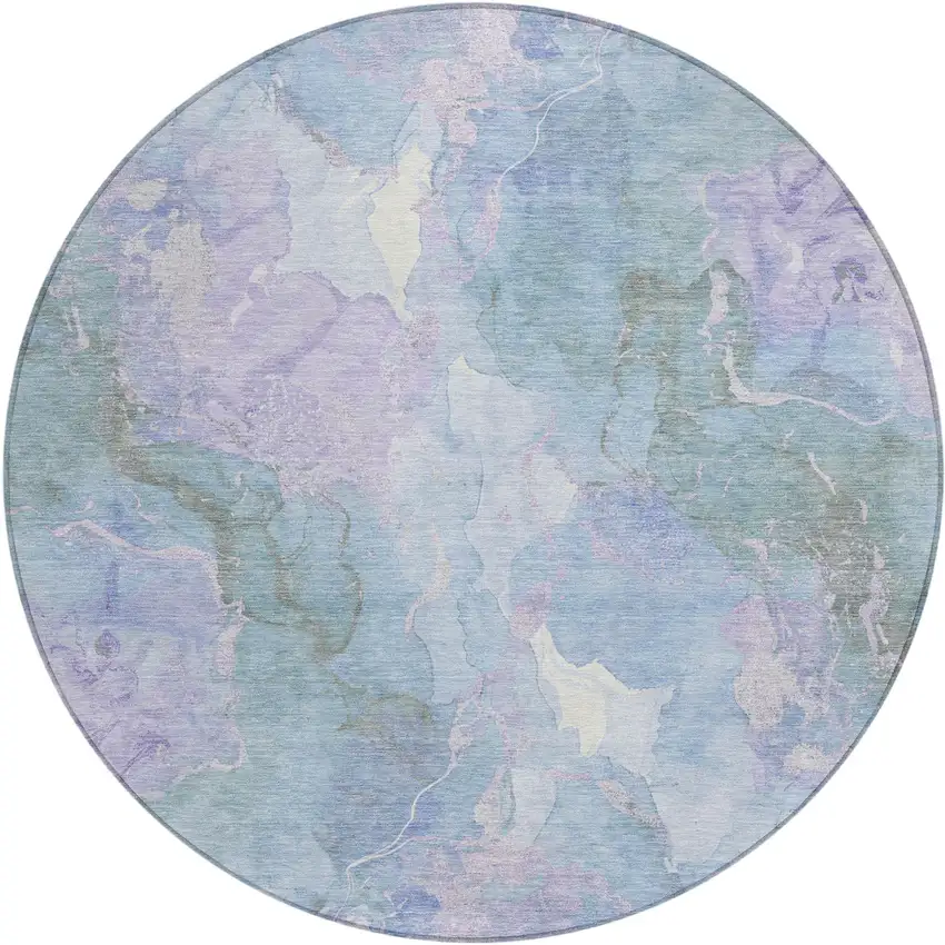 8' Lavender And Sky Blue Round Abstract Washable Indoor Outdoor Area Rug Photo 1