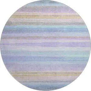 Photo of 8' Lavender And Sky Blue Striped Washable Round Rug With UV Protection