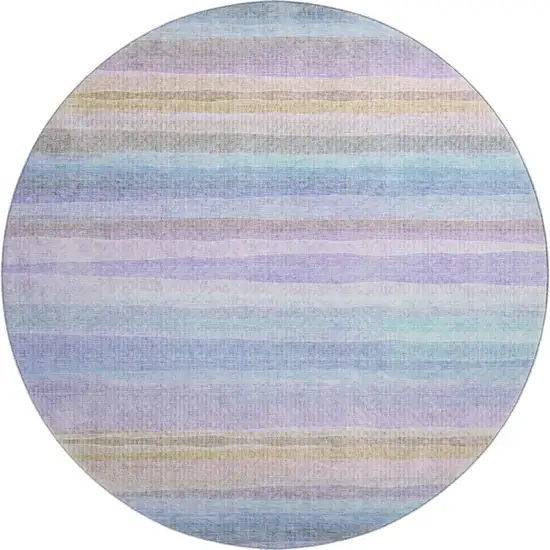 8' Lavender And Sky Blue Striped Washable Round Rug With UV Protection Photo 1
