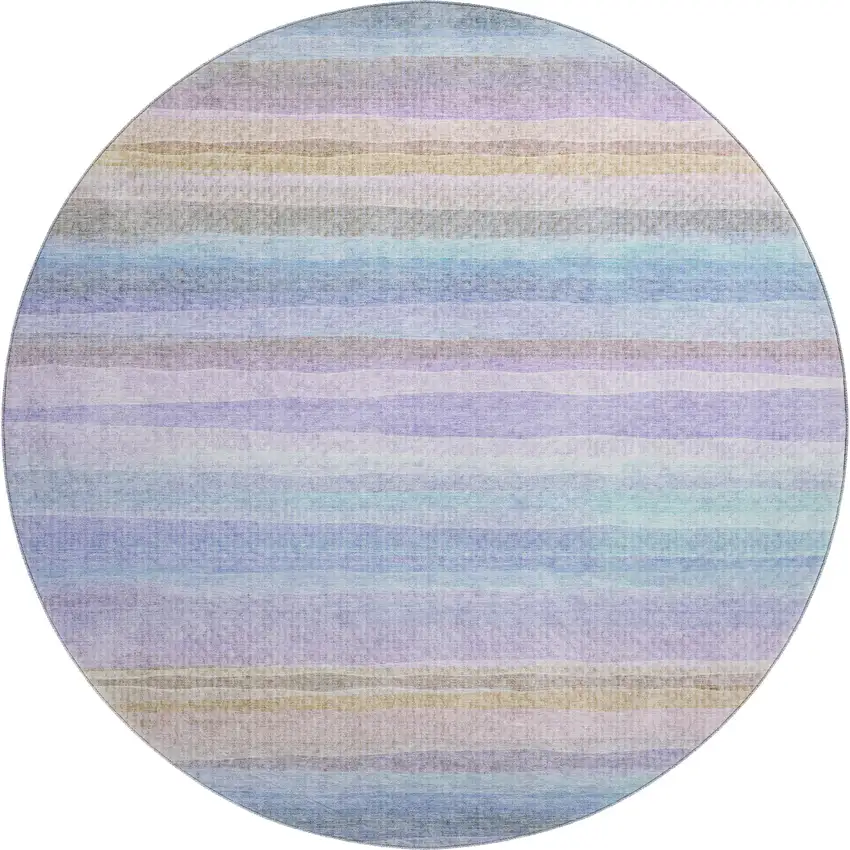 8' Lavender And Sky Blue Striped Washable Round Rug With UV Protection Photo 1