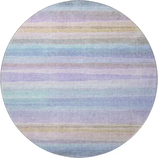 8' Lavender And Sky Blue Striped Washable Round Rug With UV Protection Photo 4