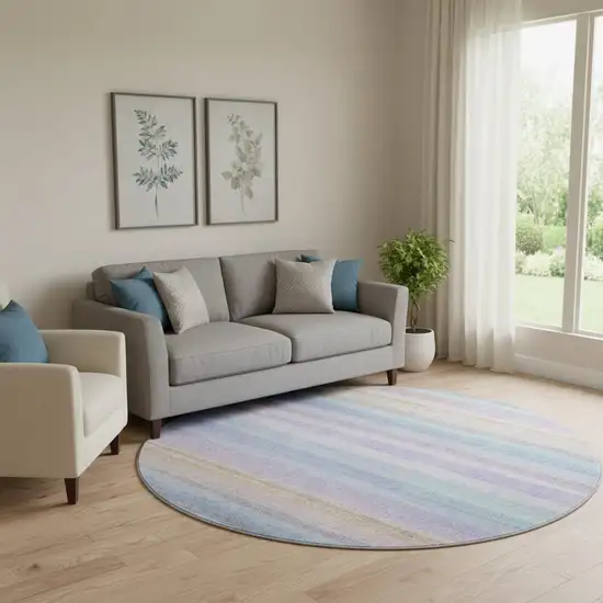 8' Lavender And Sky Blue Striped Washable Round Rug With UV Protection Photo 2