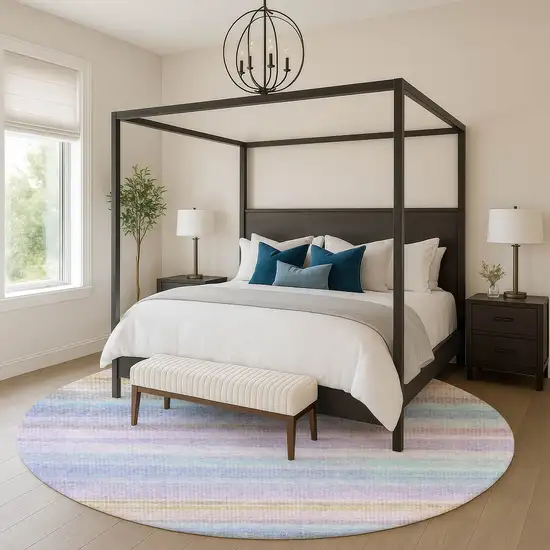 8' Lavender And Sky Blue Striped Washable Round Rug With UV Protection Photo 5