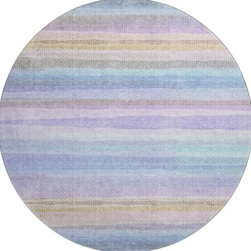 8' Lavender And Sky Blue Striped Washable Round Rug With UV Protection Photo 3