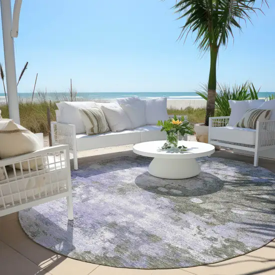 8' Lavender And Taupe Round Abstract Washable Indoor Outdoor Area Rug Photo 5
