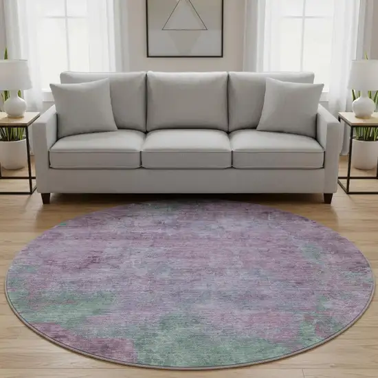8' Lavender And Teal Abstract Washable Round Rug With UV Protection Photo 2