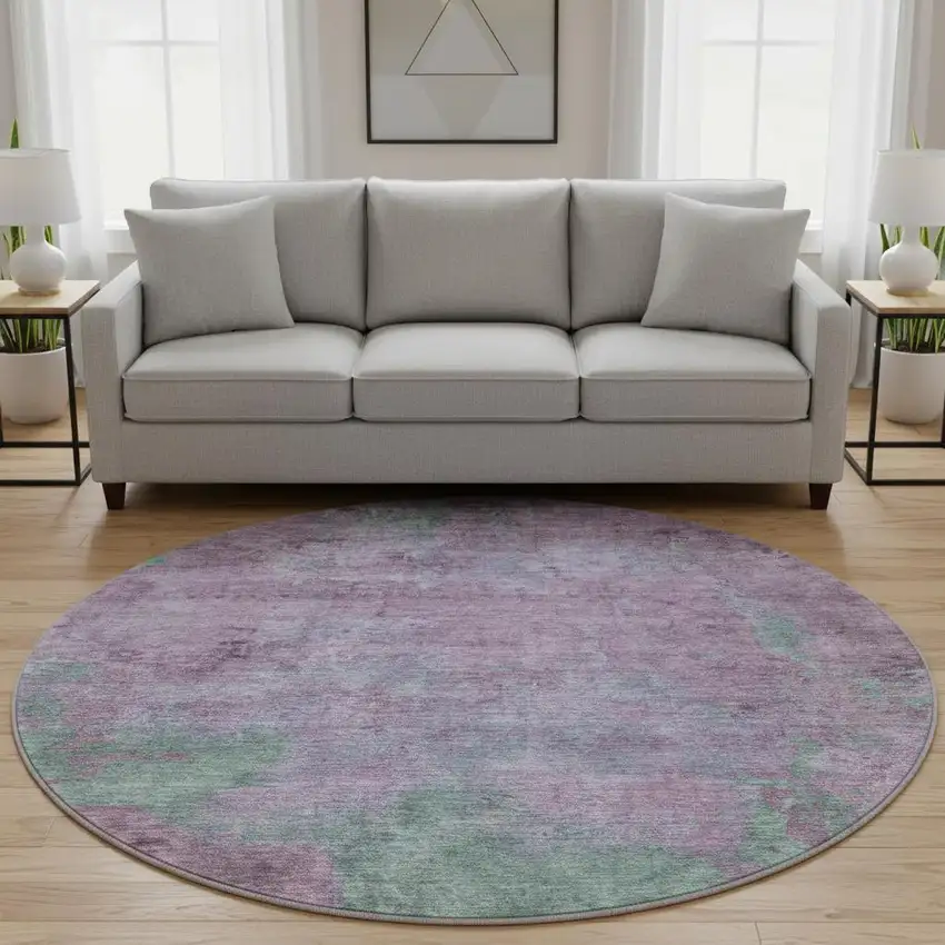 8' Lavender And Teal Abstract Washable Round Rug With UV Protection Photo 2