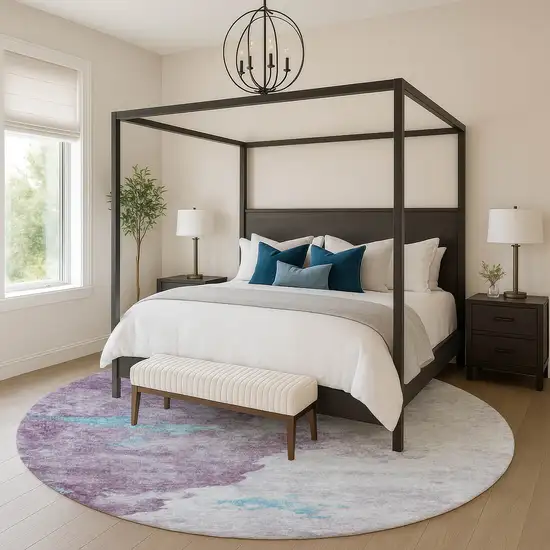 8' Lavender And Teal Abstract Washable Round Rug With UV Protection Photo 5