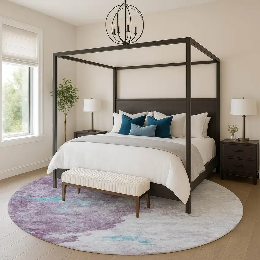 8' Lavender And Teal Abstract Washable Round Rug With UV Protection Photo 5