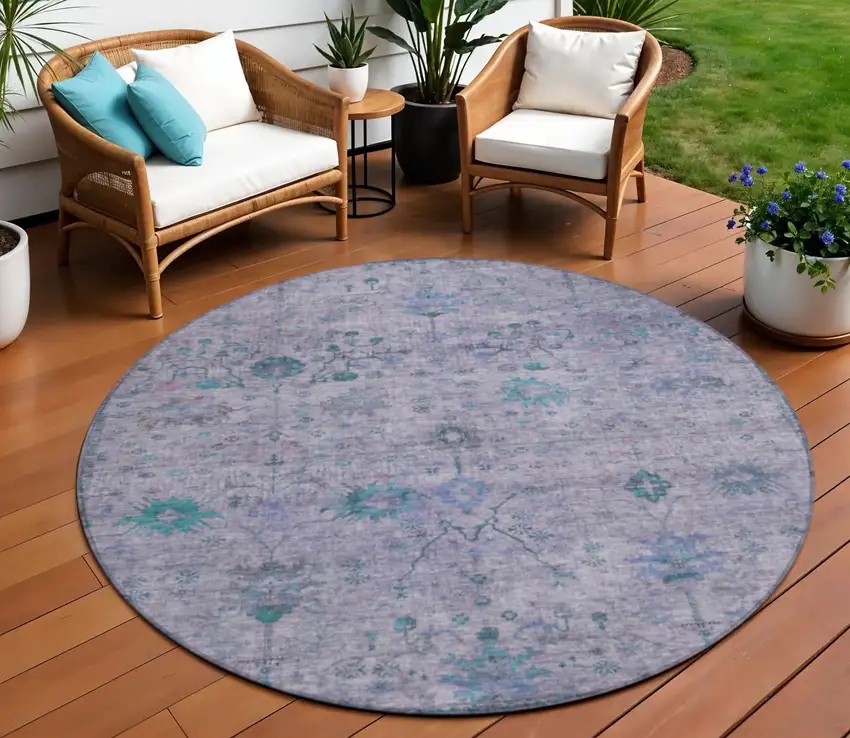 8' Lavender And Teal Blue Round Floral Washable Indoor Outdoor Area Rug Photo 2