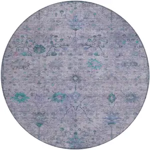 Photo of 8' Lavender And Teal Blue Round Floral Washable Indoor Outdoor Area Rug