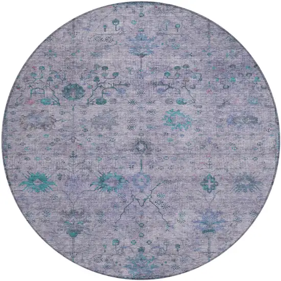 8' Lavender And Teal Blue Round Floral Washable Indoor Outdoor Area Rug Photo 1