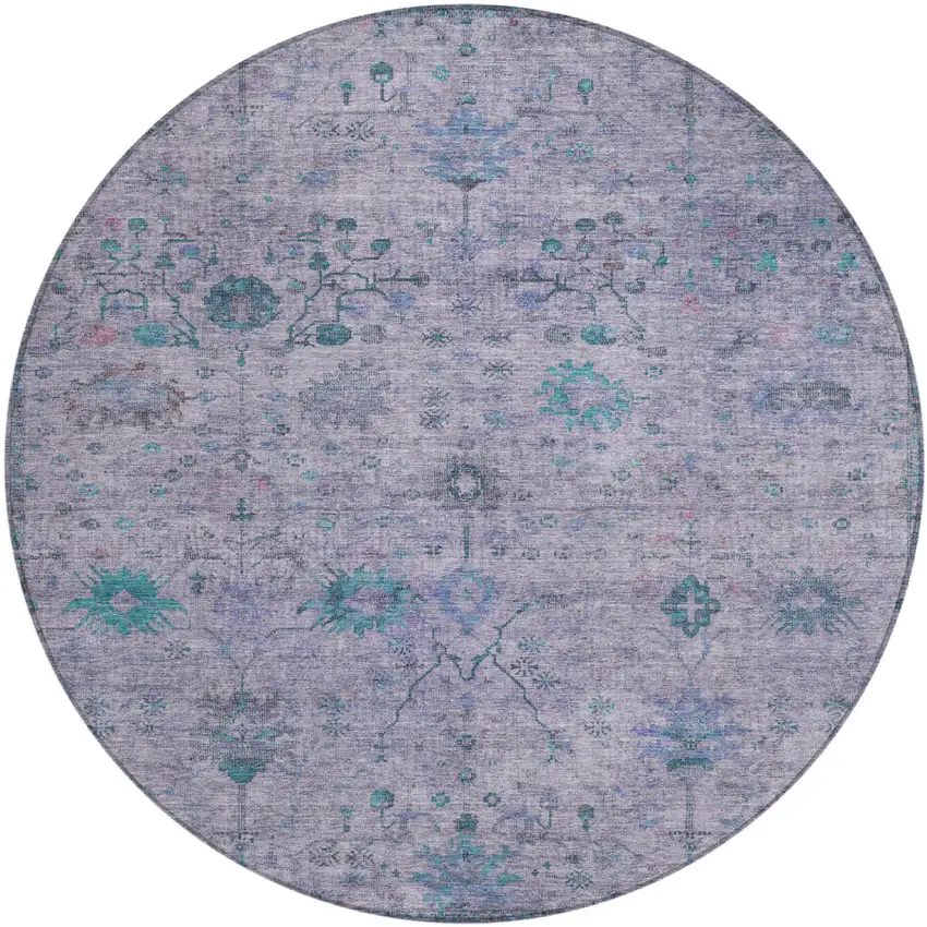 8' Lavender And Teal Blue Round Floral Washable Indoor Outdoor Area Rug Photo 1