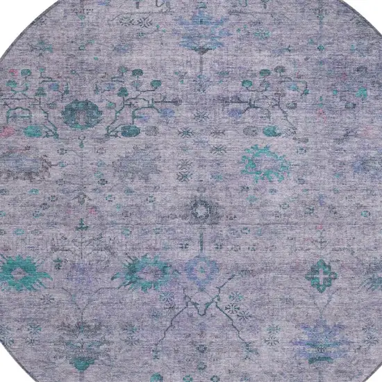 8' Lavender And Teal Blue Round Floral Washable Indoor Outdoor Area Rug Photo 4