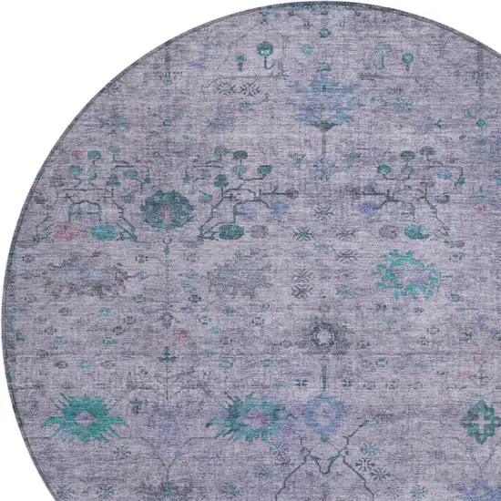 8' Lavender And Teal Blue Round Floral Washable Indoor Outdoor Area Rug Photo 8