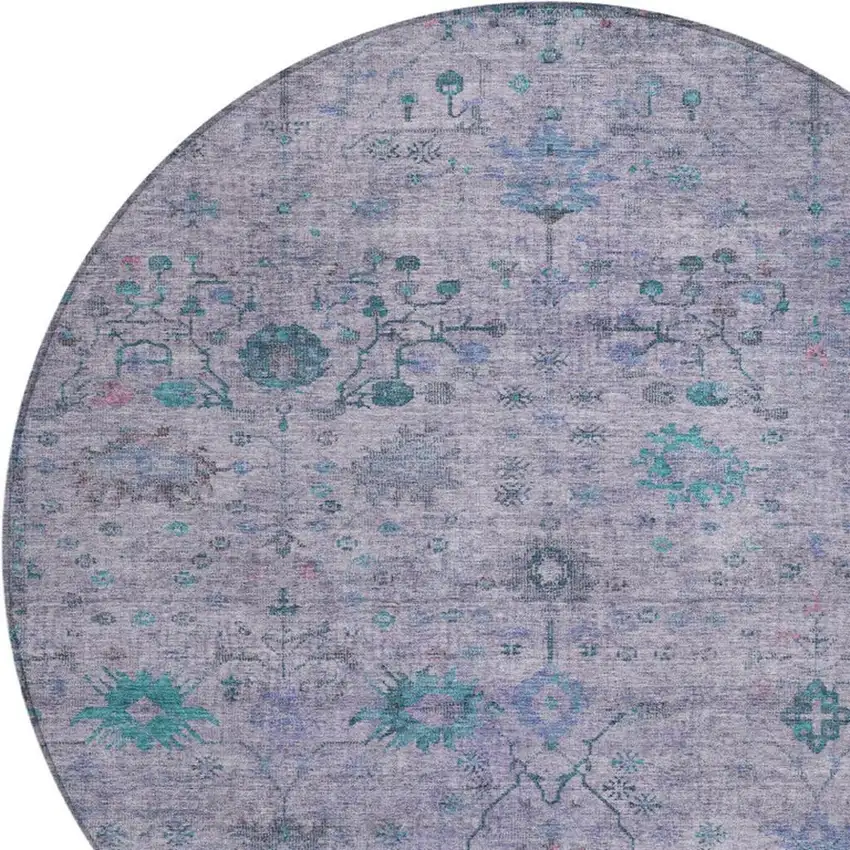 8' Lavender And Teal Blue Round Floral Washable Indoor Outdoor Area Rug Photo 8