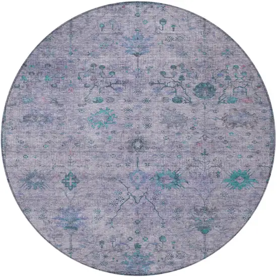 8' Lavender And Teal Blue Round Floral Washable Indoor Outdoor Area Rug Photo 3