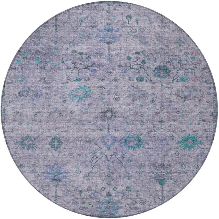 8' Lavender And Teal Blue Round Floral Washable Indoor Outdoor Area Rug Photo 3
