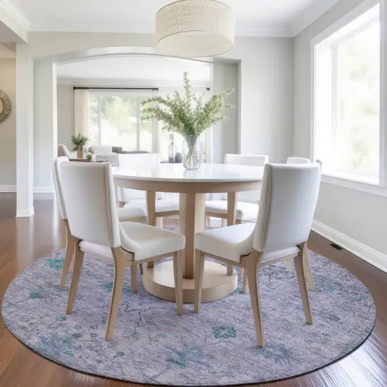 8' Lavender And Teal Blue Round Floral Washable Indoor Outdoor Area Rug Photo 6