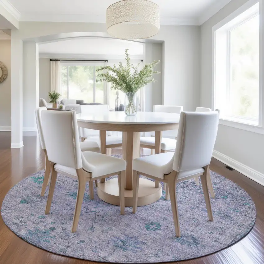 8' Lavender And Teal Blue Round Floral Washable Indoor Outdoor Area Rug Photo 6