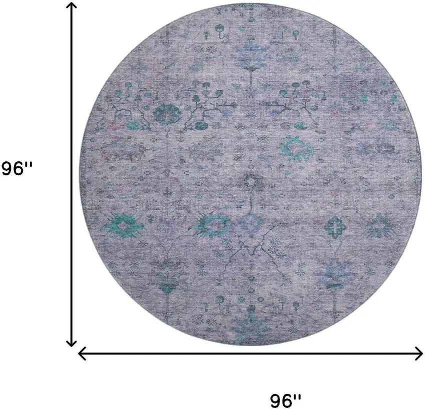 8' Lavender And Teal Oriental Washable Round Rug With UV Protection Photo 9