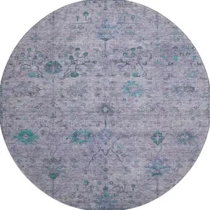 Photo of 8' Lavender And Teal Oriental Washable Round Rug With UV Protection