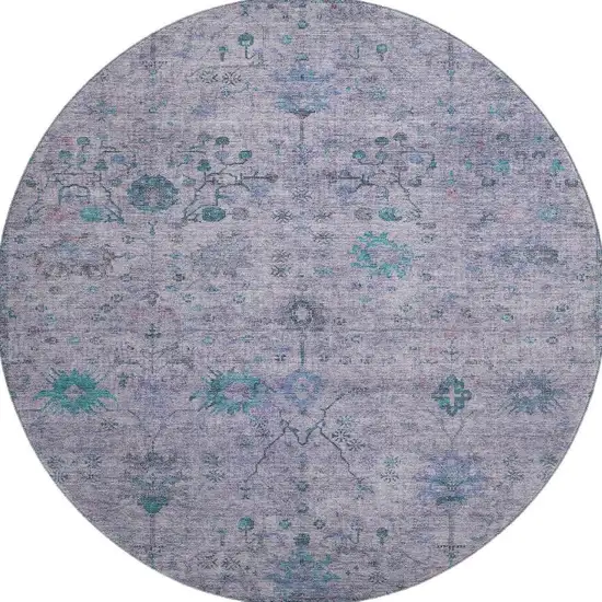 8' Lavender And Teal Oriental Washable Round Rug With UV Protection Photo 3