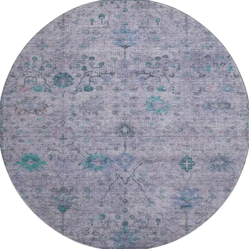 8' Lavender And Teal Oriental Washable Round Rug With UV Protection Photo 3