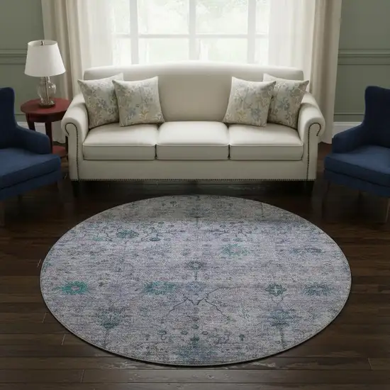 8' Lavender And Teal Oriental Washable Round Rug With UV Protection Photo 2