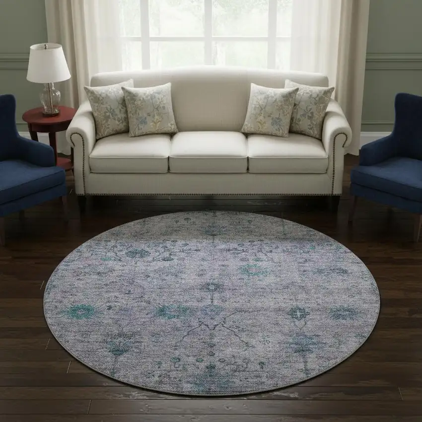 8' Lavender And Teal Oriental Washable Round Rug With UV Protection Photo 2