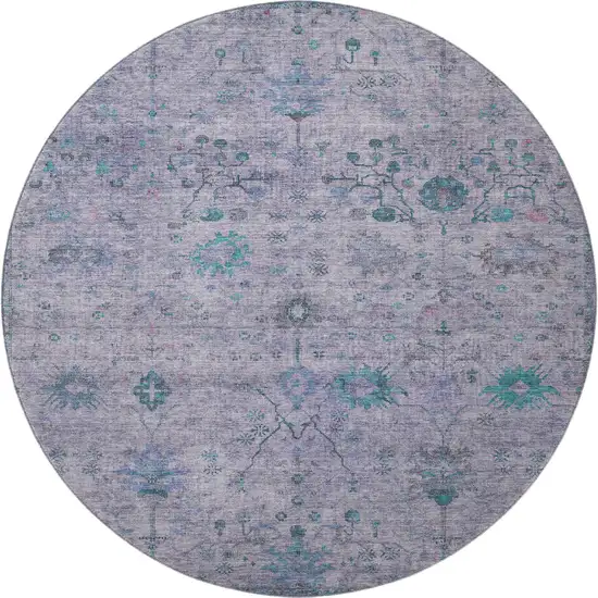 8' Lavender And Teal Oriental Washable Round Rug With UV Protection Photo 4