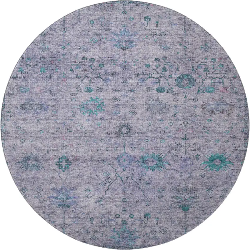 8' Lavender And Teal Oriental Washable Round Rug With UV Protection Photo 4
