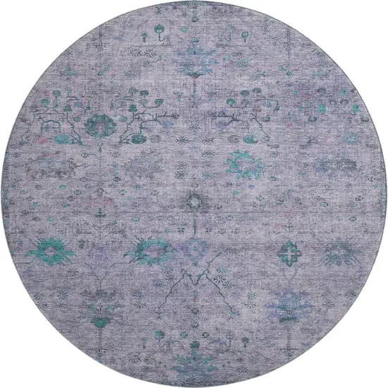 8' Lavender And Teal Oriental Washable Round Rug With UV Protection Photo 1