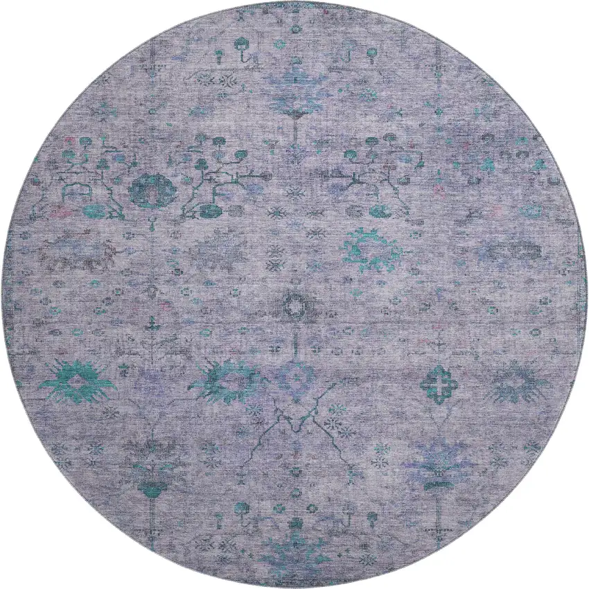 8' Lavender And Teal Oriental Washable Round Rug With UV Protection Photo 1