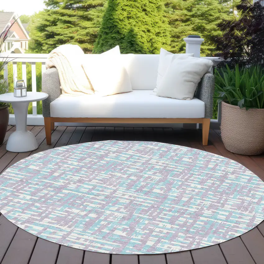 8' Lavender Aqua And Beige Round Abstract Washable Indoor Outdoor Area Rug Photo 8