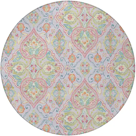 8' Lavender Artichoke Green And Pink Round Ogee Washable Indoor Outdoor Area Rug Photo 3