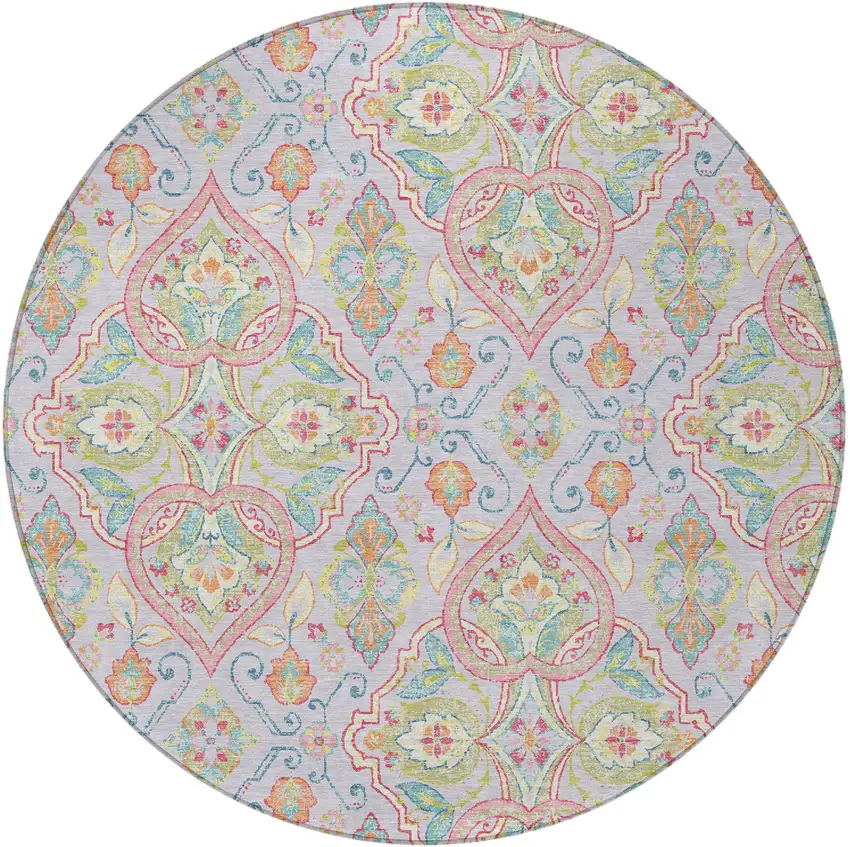 8' Lavender Artichoke Green And Pink Round Ogee Washable Indoor Outdoor Area Rug Photo 3
