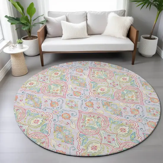 8' Lavender Artichoke Green And Pink Round Ogee Washable Indoor Outdoor Area Rug Photo 7