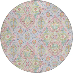 Photo of 8' Lavender Artichoke Green And Pink Round Ogee Washable Indoor Outdoor Area Rug