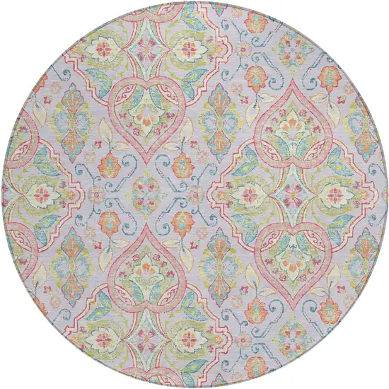 8' Lavender Artichoke Green And Pink Round Ogee Washable Indoor Outdoor Area Rug Photo 1