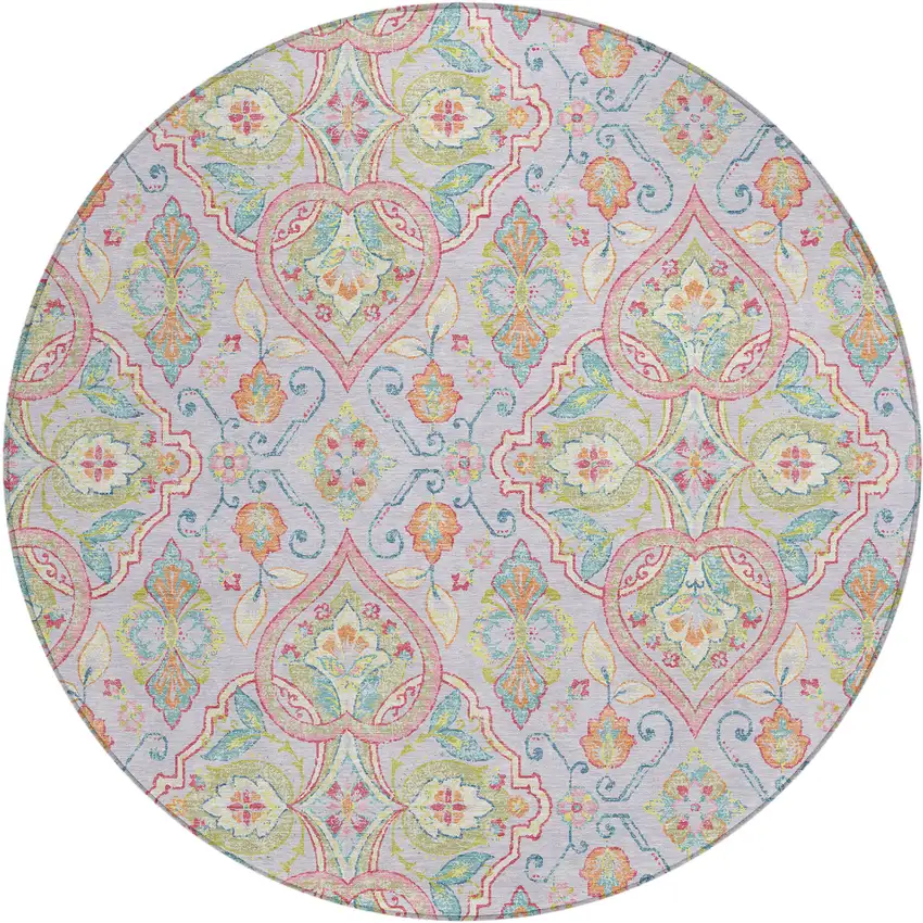 8' Lavender Artichoke Green And Pink Round Ogee Washable Indoor Outdoor Area Rug Photo 1