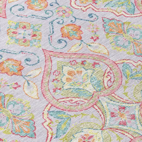 8' Lavender Artichoke Green And Pink Round Ogee Washable Indoor Outdoor Area Rug Photo 9